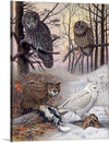 Plate 46 of Birds of Massachusetts and Other New England States: Great Gray Owl, Barred Owl, Great Howned Owl, Snowy Owl. Louis Agassiz Fuertes, an American ornithologist, illustrator, and artist, revolutionized the field of ornithological art with his meticulous attention to detail, vibrant colors, and ability to capture the essence of birds in their natural habitats.