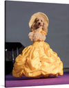 Elevate your home décor with this fashionably disinterested poodle posing in a chic yellow dress and hat. This fashion-forward canine exudes an air of effortless elegance, striking a pose that's both charming and sophisticated. The vibrant yellow hues of the dress and hat complement the poodle's pristine white fur, creating a visually striking contrast. 