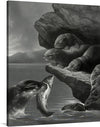 "Little Otters" is a print that transports us to the year 1877 and immerses us in the fascinating world of these charming animals. The picture shows some playful, tiny, salmon-colored otters having fun in their natural environment. Their elegant motions and sly looks are expertly captured, inspiring awe and delight. 