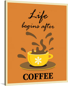  Get Inspired with this Lively Coffee Canvas Print! Start your day off right with a smile on your face with this inspiring coffee canvas print! The retro vintage style and catchy slogan "life begins after coffee" is sure to put you in a positive mood, while the colorful coffee splashes add a touch of energy to your décor.