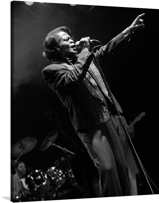 Bring the Godfather of Soul into your space with this iconic black-and-white print of James Brown performing live. This stunning photo captures the raw energy and passion of one of the greatest performers of all time. Brown is shown in mid-performance, his body contorted in a signature pose as he belts out a soulful tune.