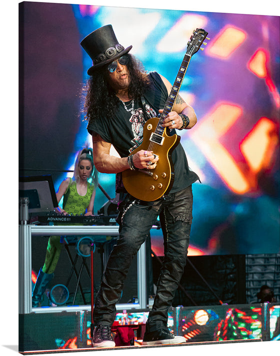 Bring the iconic Slash into your space with this electrifying print of him shredding his guitar at a concert in London's Tottenham Hotspur Stadium.  This stunning print captures Slash in his element, with his signature long hair and top hat flying as he unleashes a torrent of riffs from his Les Paul guitar. 