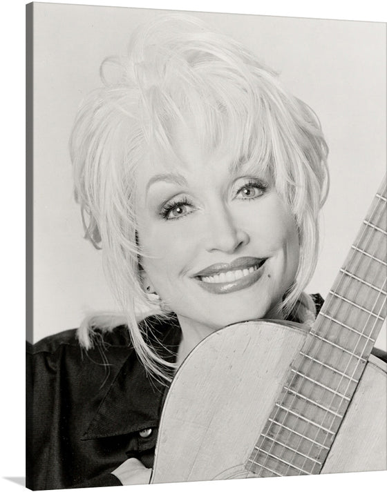 Bring the iconic Dolly Parton into your space with this vintage photo print by Dennis Carney. This stunning print captures Dolly Parton in her prime, with her signature big hair and dazzling smile. She is posed with her guitar, ready to perform her signature hits.