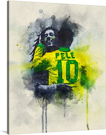  Bring the passion and excitement of Brazilian football into your space with this captivating portrayal of football icon Pele.  This stunning print captures Pele's iconic pose, with his arms raised in victory and his face beaming with joy. The artist's use of bold colors and abstract elements evokes the soulful vibes of reggae music, creating a sense of dynamism and movement. 