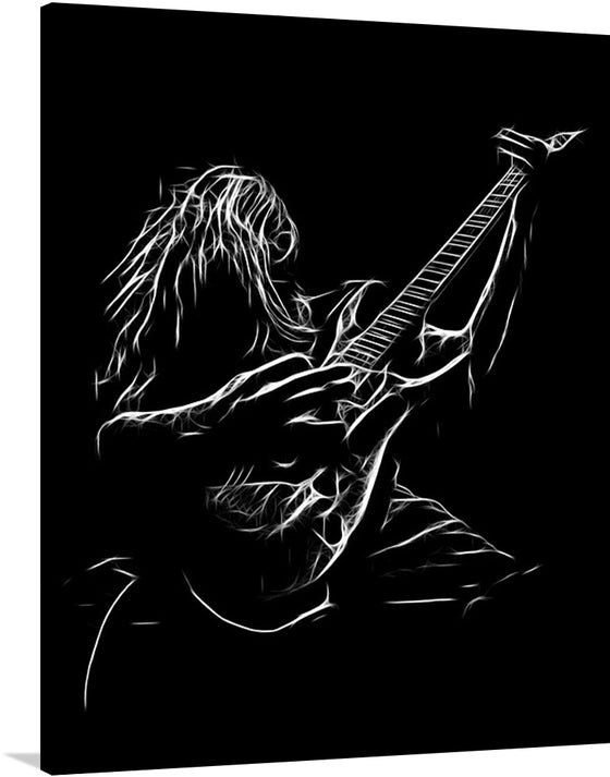 Immerse yourself in the spirit of Heavy Metal with this mesmerizing black and white illustration of a guitar player.  This captivating print captures the raw energy and passion of a guitar player in full swing, their fingers flying across the fretboard as they unleash a torrent of sound. 