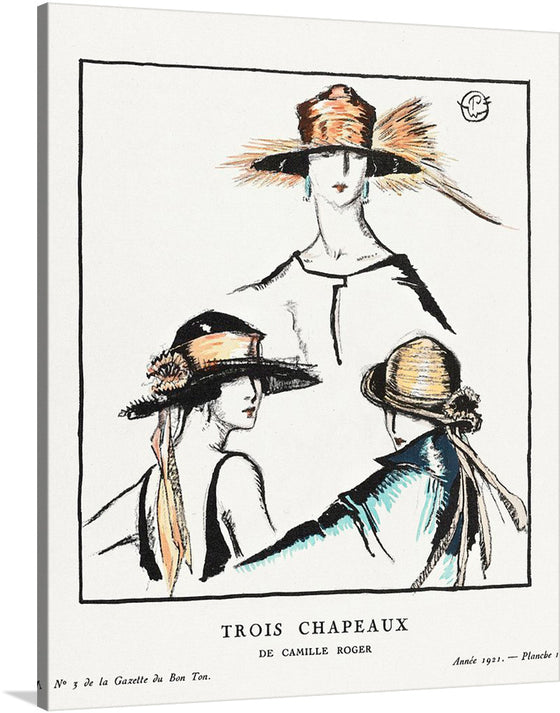 Three Chic Ladies Flaunting Stylish Hats!  This stunning print by Porter Woodruff captures the essence of the Roaring Twenties, with three chic ladies flaunting stylish hats. The ladies are dressed to the nines, with their hair and makeup perfectly coiffed. Their hats are the centerpiece of their outfits, adding a touch of glamour and sophistication.