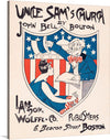 Uncle Sam's Church by Ethel Reed (1895) is a striking and patriotic poster that depicts Uncle Sam, the personification of the United States, standing in front of a church. Uncle Sam is dressed in his iconic red, white, and blue, and he is holding a flag in one hand and a Bible in the other. The church is depicted in the background, with its steeple reaching up to the sky.