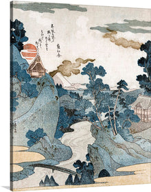  An Evening View of Fuji is an 1829-1830 woodblock print by the Japanese artist Utagawa Kuniyoshi. It depicts a view of Mount Fuji from the Asazawa River in Hakone, with the Hakone caldera visible in the distance. The print is done in the ukiyo-e style, which is characterized by its use of bold colors, flat planes, and simplified forms.