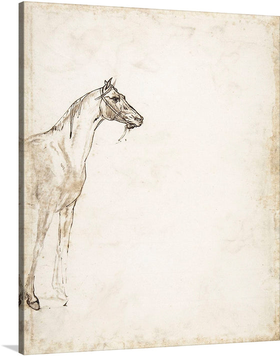 Theodore Gericault's Study of a Horse&nbsp;(ca. 1817-1818) is a captivating and dynamic drawing that captures the raw power and beauty of this magnificent animal. The horse is depicted in a standing pose, its muscles tensed and ready for movement. Its head is held high, its nostrils flared, and its eyes gleam with intelligence and spirit.