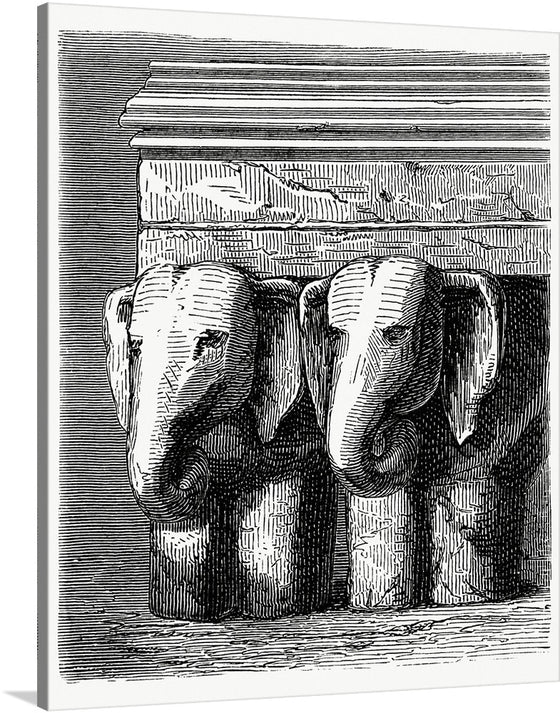 Indian Support (1862) from Gazette Des Beaux-Arts is a captivating and informative illustration that depicts a two elephants supporting a heavy weight on their shoulders. The image is striking in its realism and scale, and it provides a rare glimpse into the working lives of Indian people in the 19th century.