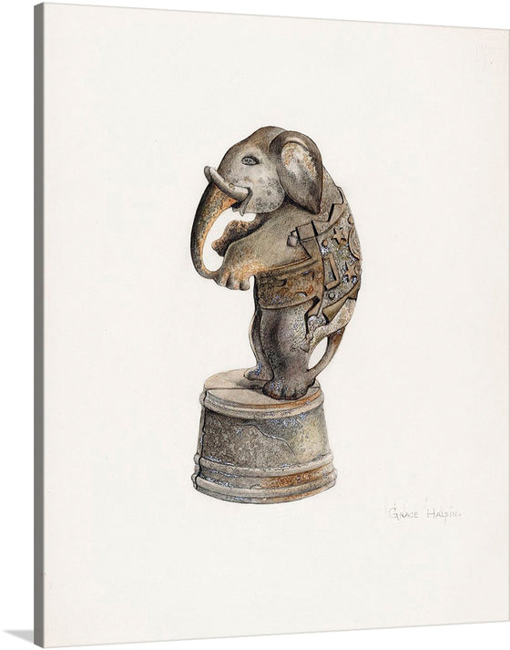 Elephant coin bank statue on wooden pedestal with trunk. This print of a charming elephant coin bank statue is the perfect addition to any home. Its sturdy wooden pedestal and intricate detailing make it a beautiful piece of art. The elephant's trunk is raised, inviting many coins.