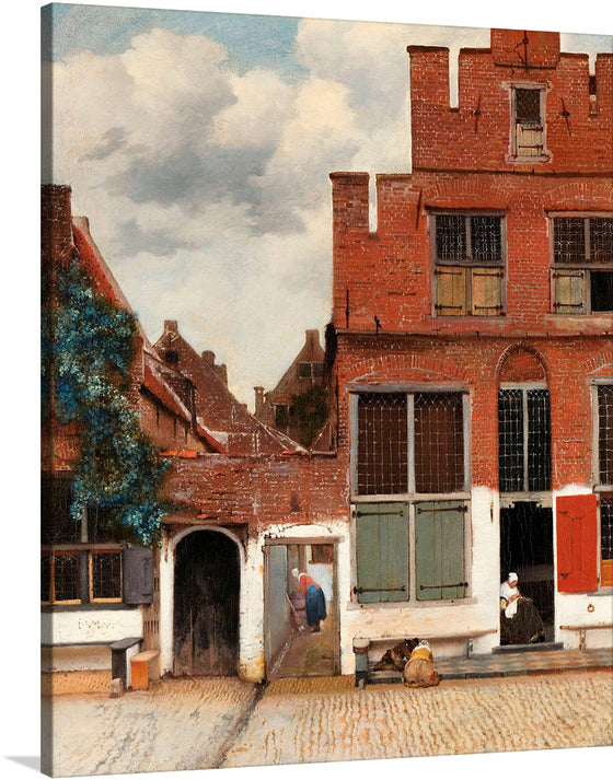 The Little Street by Johannes Vermeer is a charming and picturesque cityscape that captures the beauty of everyday life in 17th-century Delft. The painting depicts a quiet street with a few simple houses and a handful of figures, including a woman sweeping the street, a child playing, and two women standing in a doorway.