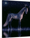 A majestic horse with antlers stands gracefully in starlit water, its reflection mirroring the beauty of the night sky. Immerse yourself in this mesmerizing scene and let your imagination wander.