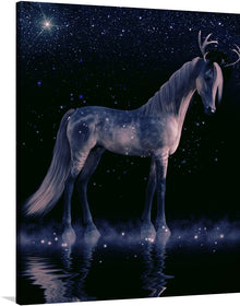  A majestic horse with antlers stands gracefully in starlit water, its reflection mirroring the beauty of the night sky. Immerse yourself in this mesmerizing scene and let your imagination wander.