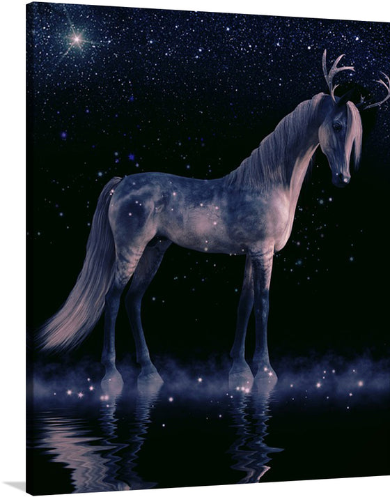 A majestic horse with antlers stands gracefully in starlit water, its reflection mirroring the beauty of the night sky. Immerse yourself in this mesmerizing scene and let your imagination wander.