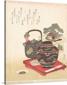  New Year Decorations and Tablewares by Ryūryūkyo Shinsai is a charming and colorful woodblock print that captures the festive spirit of the Japanese New Year. The print depicts a variety of New Year decorations, including kadomatsu (pine trees), shimekazari (straw ornaments), and mochibana (rice cake flowers), as well as a selection of New Year tableware, such as lacquerware bowls and sake cups.