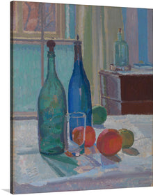  Immerse yourself in the serene and tranquil ambiance evoked by this exquisite artwork, a perfect addition to elevate any space. The painting captures a still life scene with impeccable grace, featuring bottles, a glass, and fruits bathed in soft light that dances through a nearby window. The artist’s masterful use of color and texture brings every element to life, creating a visual symphony of warmth and harmony. 