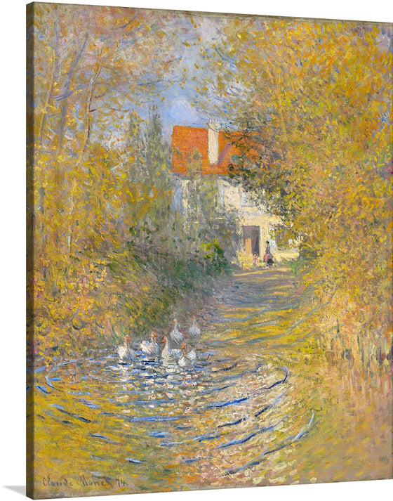 In Claude Monet's "The Geese" (1874), the artist captures a tranquil scene of geese gracefully gliding across a pond, surrounded by lush greenery and dappled sunlight. The painting, executed en plein air, showcases Monet's mastery of light and color, as he skillfully renders the subtle nuances of the natural world.