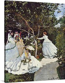  In Claude Monet's captivating work "Women in the Garden (1866)," the artist immerses the viewer in a tranquil scene of women strolling amidst a vibrant garden. The painting, executed en plein air, captures the essence of the Impressionist movement, with its emphasis on light, color, and the fleeting effects of nature.