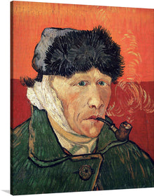  Vincent van Gogh's Self-Portrait with Bandaged Ear and Pipe (1889) is one of the most iconic and haunting self-portraits ever painted. It depicts the artist in the aftermath of his famous self-mutilation incident, with a bandage wrapped around his severed ear. His eyes are intense and introspective, and his expression is one of both vulnerability and determination.