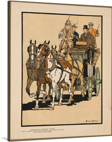  Four Men on Horse-Drawn Carriage by Edward Penfield (1897) is a vibrant and dynamic poster that captures the spirit of adventure and excitement of the late 19th century. The poster depicts four men riding on top of a horse-drawn carriage, with the wind whipping through their hair and their faces filled with joy.