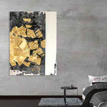  “Black Gold” by Kent Youngstrom is a mesmerizing testament to the interplay of luxury and mystery. This exclusive print invites you into a world where golden hues collide with enigmatic blacks. Each brushstroke whispers of elegance and sophistication, creating a visual symphony that resonates with opulence. The abstract shapes dance across the canvas, their textures rich and alluring. A white vertical strip slices through the composition, adding contrast and intrigue. 