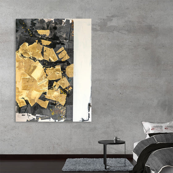 “Black Gold” by Kent Youngstrom is a mesmerizing testament to the interplay of luxury and mystery. This exclusive print invites you into a world where golden hues collide with enigmatic blacks. Each brushstroke whispers of elegance and sophistication, creating a visual symphony that resonates with opulence. The abstract shapes dance across the canvas, their textures rich and alluring. A white vertical strip slices through the composition, adding contrast and intrigue. 