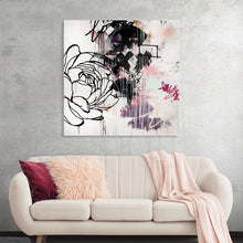 “flowerx” by Kent Youngstrom is an exquisite piece of abstract art that effortlessly blends simplicity with complexity. The left side of the print features a minimalist black line drawing of a rose, contrasting beautifully with the vibrant collage of colors and textures on the right. 