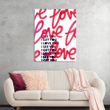  “iseeyoulove1” by Kent Youngstrom is a striking print that exudes passion and warmth. The canvas is adorned with bold red and pink brushstrokes that form the word “love” in a playful cursive, creating a dynamic contrast against the pristine white background. The heartfelt message, “I see you, I love you, I get you”, is repeated in a modern sans serif font, adding a layer of depth to the piece.