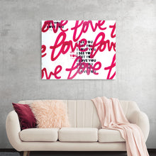  “iseeyoulove3” by Kent Youngstrom is a captivating print that effortlessly marries simplicity with emotion. The bold, red script reading “I see you love” dances across the stark white canvas in varying sizes and orientations, creating a dynamic visual rhythm. 