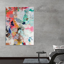  Immerse yourself in the vibrant energy and dynamic movement captured in this exquisite art print. Every brushstroke, a dance of colors - bold reds, serene blues, lush greens, and gentle pinks - intertwines to create a visual symphony. 