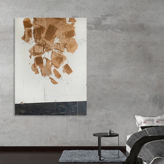 Immerse yourself in the world of abstract art with this intriguing print. This artwork showcases a fascinating interplay of texture and contrast. The canvas is dominated by a collage of torn pieces in varying shades of brown, creating an organic, almost topographical landscape against a stark white background.