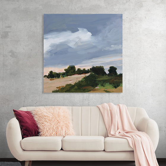 “Darkening” by Pamela Munger is a beautiful print of an original painting. The painting is a landscape of a stormy sky over a field of trees and bushes. The colors are muted and the brushstrokes are loose, giving the painting a dreamy quality.