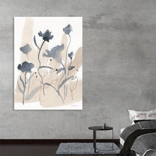  “April Mood II” by Pamela Munger is a captivating artwork that invites viewers into a serene and calming atmosphere. This watercolor painting features abstract floral elements painted in soft, muted tones of beige, grey, and blue. The flowers, painted in dark blue and grey tones, reach upwards with elongated stems, creating a sense of growth and tranquility.