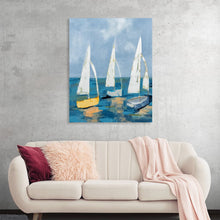  Adorn your space with the serene beauty encapsulated in this exquisite artwork. The piece captures a tranquil scene of sailboats gracefully floating on the calm waters, their white sails contrasting beautifully against the mesmerizing blend of blues that paint the sky and sea. Each brushstroke tells a tale of peaceful solitude, inviting viewers to lose themselves in the harmonious dance of color and light. 
