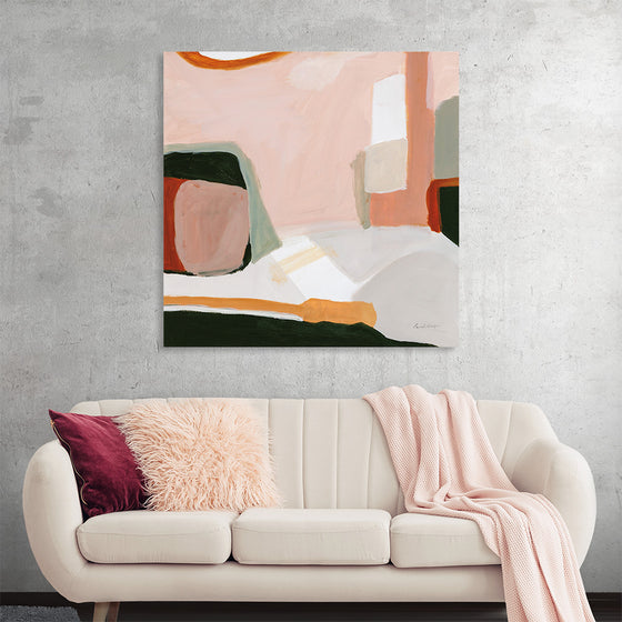 Immerse yourself in the serene tranquility of this exquisite abstract art print. With its soft hues of pink, orange, green, and white, it exudes a sense of calm and balance. The organic, layered shapes dance across the canvas, creating a visual symphony that captivates and soothes the viewer. 