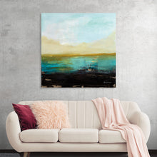  “Landing” by Pamela Munger is a captivating print that immerses you in an abstract landscape of tranquility. The artwork features a harmonious blend of teal, cream, black, and green hues, creating an evocative scene that straddles the ethereal and the tangible. The soft transition from the light-colored sky to the darker land or water horizon suggests a serene dusk or dawn. The visible brush strokes add texture and depth, enhancing the overall aesthetic appeal. 