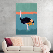  This print captures the majestic beauty of an ostrich, rendered with an artistic flair that brings the bird to life. Set against a serene backdrop of teal and green with a touch of sunset orange, the ostrich stands out with its dark plumage contrasted by patches of warm hues. 