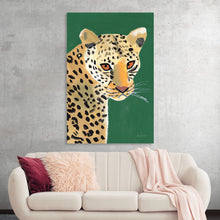  This art piece by Pamela Munger is a captivating portrayal of a leopard, rendered with striking realism. The artist has masterfully captured the leopard’s distinctive spotted coat, its light beige color contrasting beautifully with the solid green background. 