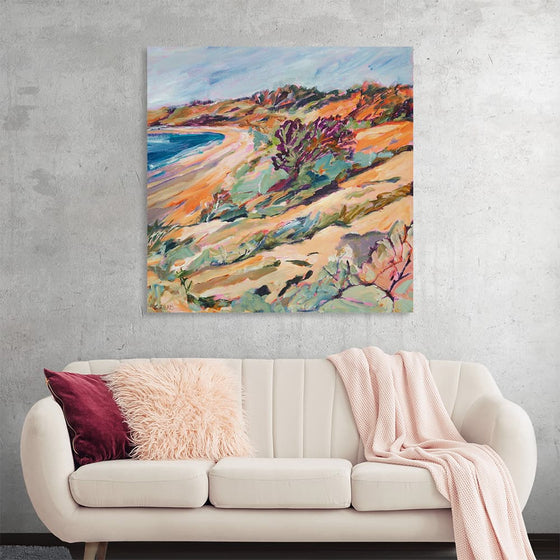 “Adagio” by Christine Read is a captivating print that transports you to a serene coastal landscape. The vibrant hues of golden sands meeting azure waters, painted with expressive lines and bold strokes, create a dynamic scene that breathes life into any space.