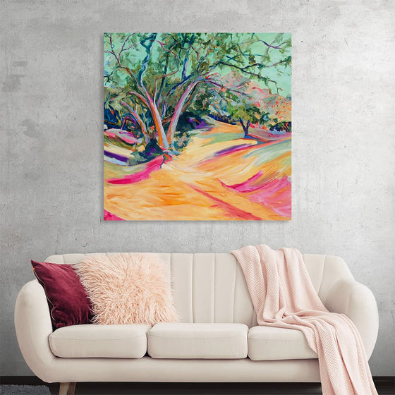Adorn your space with the mesmerizing allure of this exquisite art print, capturing a vibrant dance of colors that breathe life into an enchanting landscape. The artwork, painted with passionate strokes, unveils a world where the verdant greens of majestic trees gracefully meld into the warm hues of a golden pathway, inviting viewers into a serene journey through nature’s splendor. 