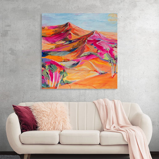 This exquisite art print captures a mesmerizing dance of colors and forms, unveiling a majestic mountain landscape. The peaks, kissed by the golden sun, are painted in warm hues of orange, pink, and red. The bold strokes and contrasting colors breathe life into the serene valleys and towering mountains, evoking a sense of awe and wonder. 
