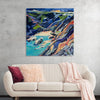 Immerse yourself in the mesmerizing beauty of this exquisite art print. The artwork captures the raw power and majesty of a coastal landscape, where serene waters meet towering cliffs adorned with nature’s vibrant palette. The intricate detailing of the cliffs, painted with bold strokes and vibrant colors, evokes a sense of awe and wonder. 
