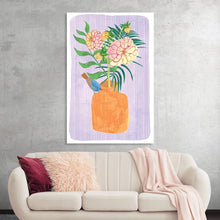  “Chrysanthemums in Vase” by Fiona Solley is a captivating artwork that exudes a serene and natural beauty. The print showcases delicate chrysanthemums, their petals unfolding gracefully, housed in an earthy orange vase. A small bird, adorned with intricate feather details, perches quietly, adding a touch of life and movement to the piece. 