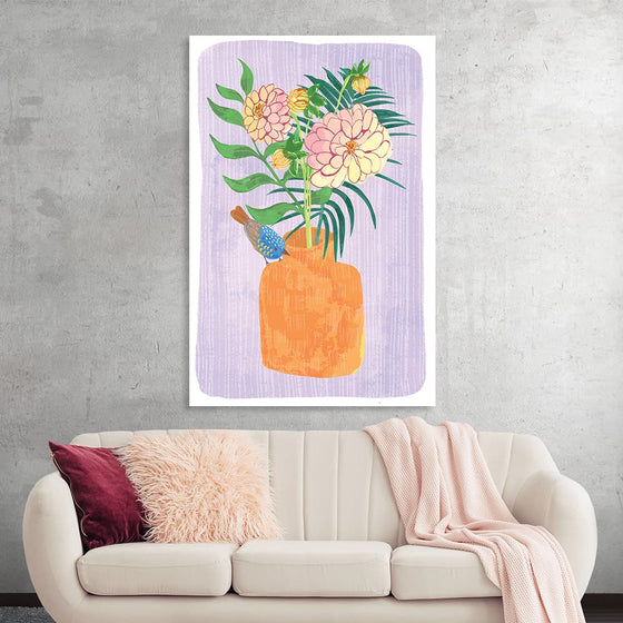 “Chrysanthemums in Vase” by Fiona Solley is a captivating artwork that exudes a serene and natural beauty. The print showcases delicate chrysanthemums, their petals unfolding gracefully, housed in an earthy orange vase. A small bird, adorned with intricate feather details, perches quietly, adding a touch of life and movement to the piece. 