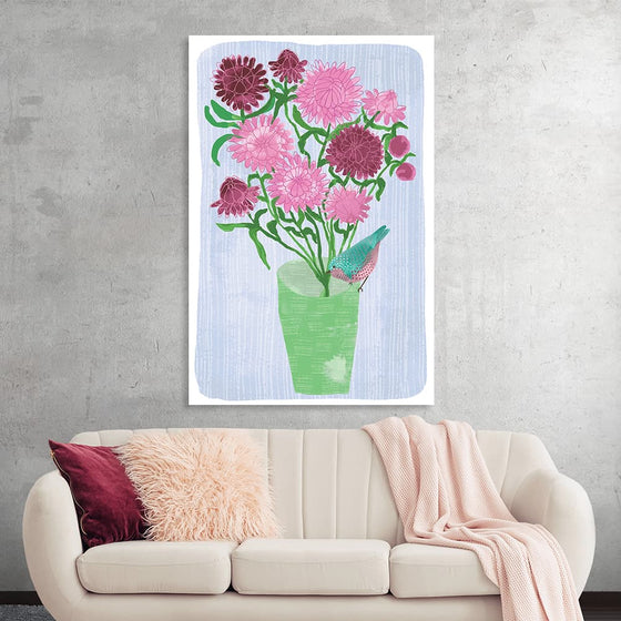 “Daisies in Vase”: Adorn your space with the serene beauty encapsulated in this exquisite art print. A harmonious blend of nature’s charm, it features a vibrant bouquet of blooming dahlias, their petals unfolding in various shades of pink and burgundy. Nestled amidst the blossoms, a delicately illustrated bird finds solace, its turquoise and coral feathers adding a touch of whimsy.