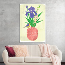  Immerse yourself in the serene beauty of this exquisite art print, where nature’s elegance is captured in every stroke. A vibrant iris, with petals of the deepest purple, stands tall amidst delicate sprigs of pink flowers, their colors blossoming against a soft, textured backdrop. 