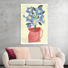  Immerse yourself in the serene beauty of this exquisite artwork. This print captures the delicate dance of blooming blue flowers housed in a charming red pitcher. Each petal, painted with meticulous care, radiates an aura of tranquility and elegance. The harmonious blend of soft hues and bold strokes creates a visual symphony that beckons viewers into a world where nature’s grace reigns supreme. 