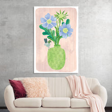  Adorn your space with this charming artwork, a print that captures the serene beauty of nature in full bloom. The piece features a delightful arrangement of blue flowers, their delicate petals and green stems emerging gracefully from an intricately textured green vase. 