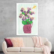  This exquisite art print is a celebration of nature’s simple beauty. It features a cluster of radiant purple pansies, each bloom meticulously detailed, springing forth from a whimsical pink vase. The vase, adorned with playful lines, adds a touch of texture to the composition.